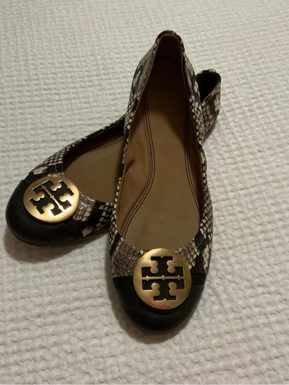 Tory Burch Chelsea / Minnie Cap-Toe Ballet Flats in a snake-print pattern